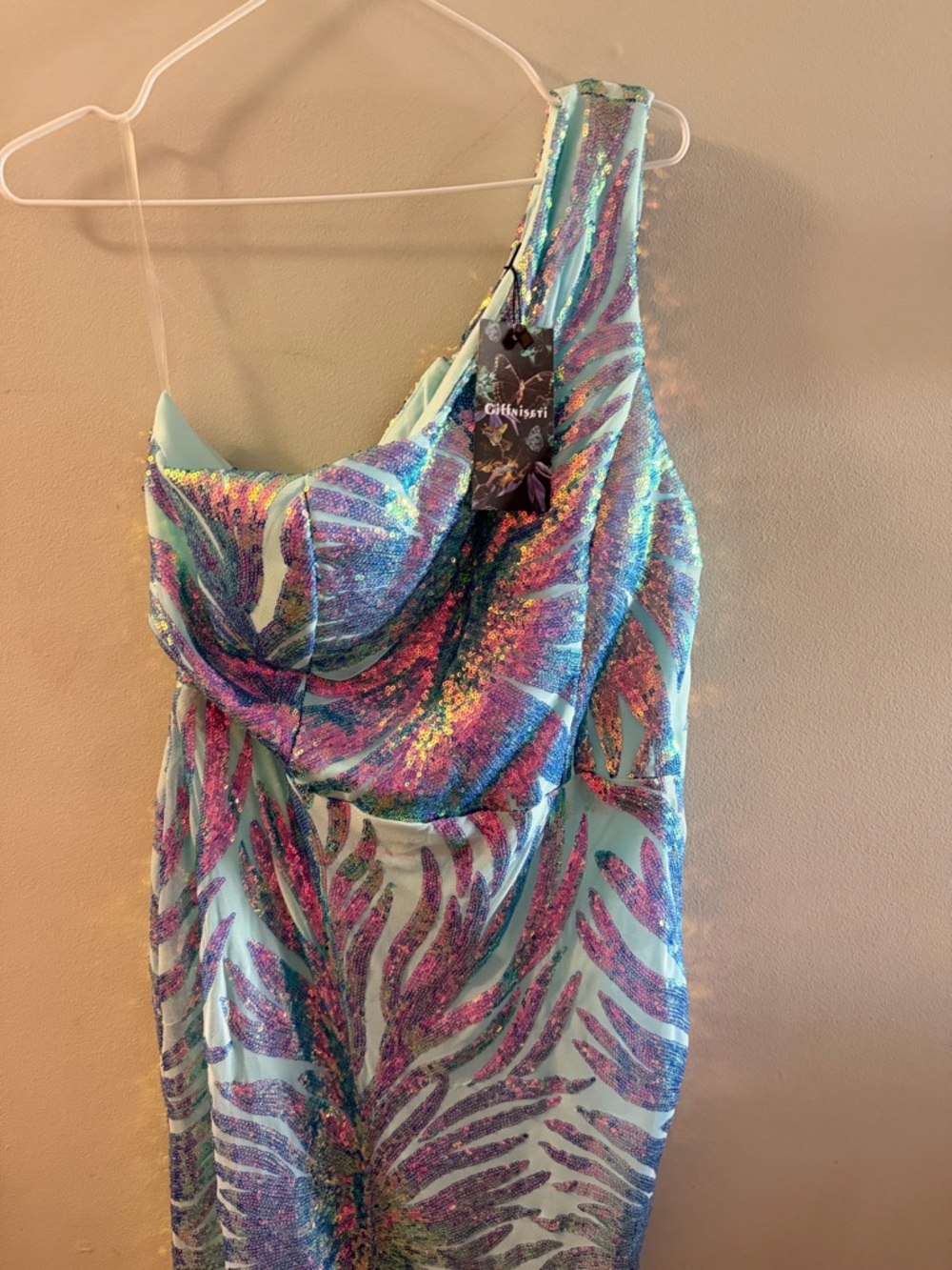Women’s XL, Giffinsetti, Aqua & purple Iridescent Sequin Prom Dress - Picture 3 of 16